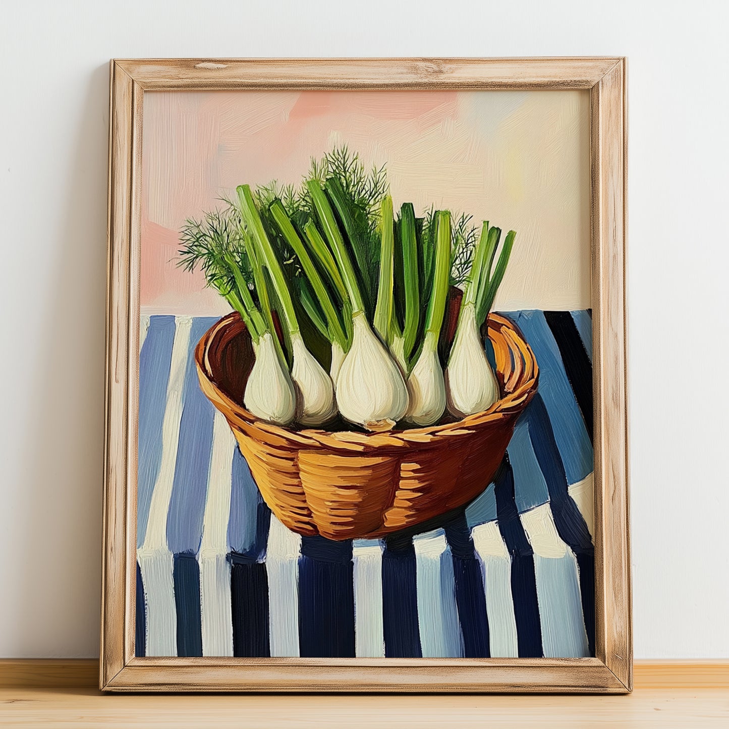 Fennel Fronds – on Striped Tablecloth, Fresh Herbs Still Life, no-text version framed in wood