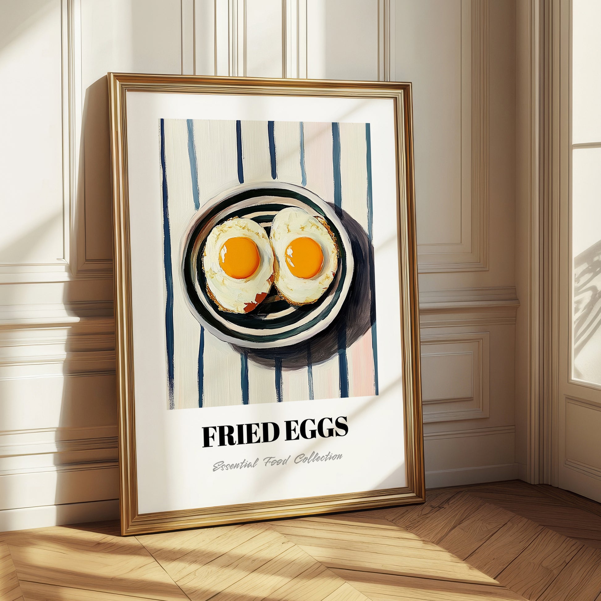 Fried Eggs – on Striped Tablecloth, American Food Painting