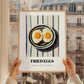Fried Eggs – on Striped Tablecloth, American Food Painting, styled in a charming Paris street view