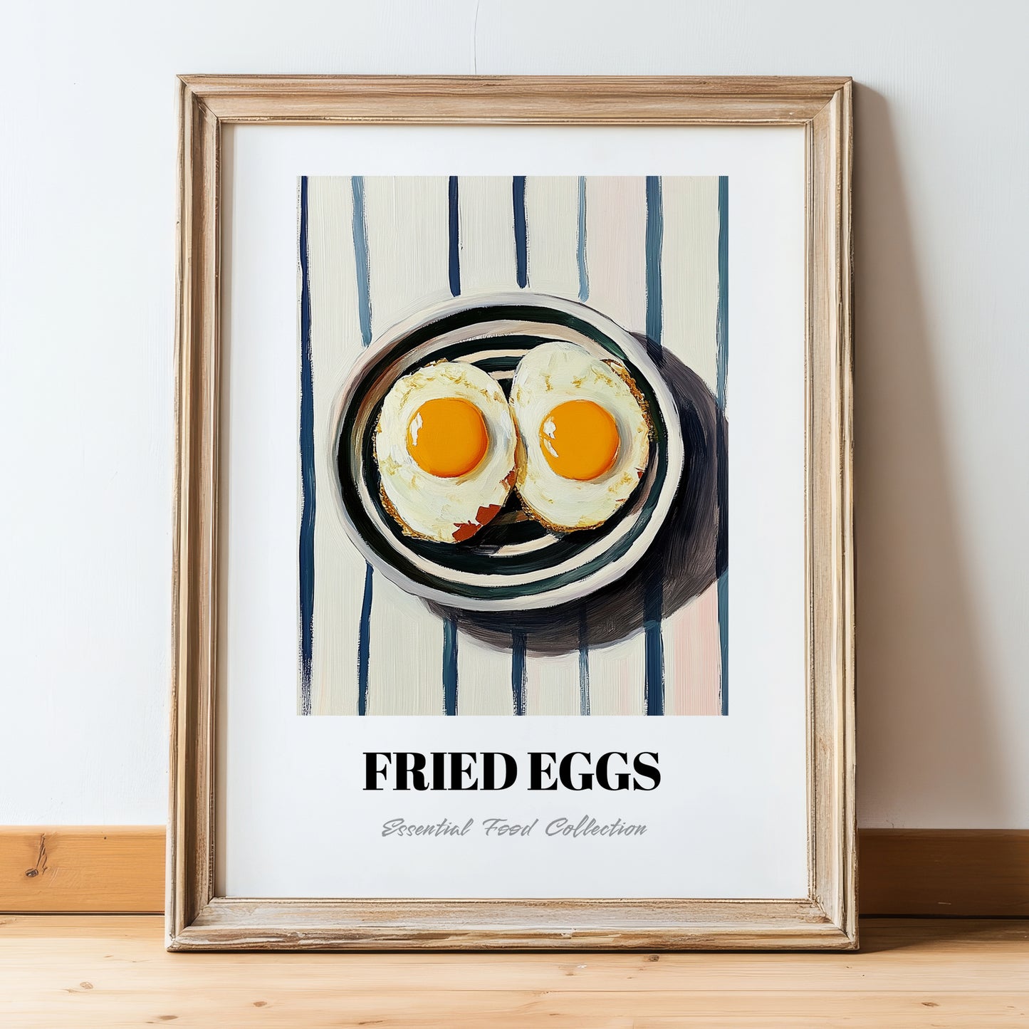 Fried Eggs – on Striped Tablecloth, American Food Painting, in wooden frame leaning on the floor