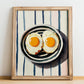 Fried Eggs – on Striped Tablecloth, American Food Painting, no-text version framed in wood