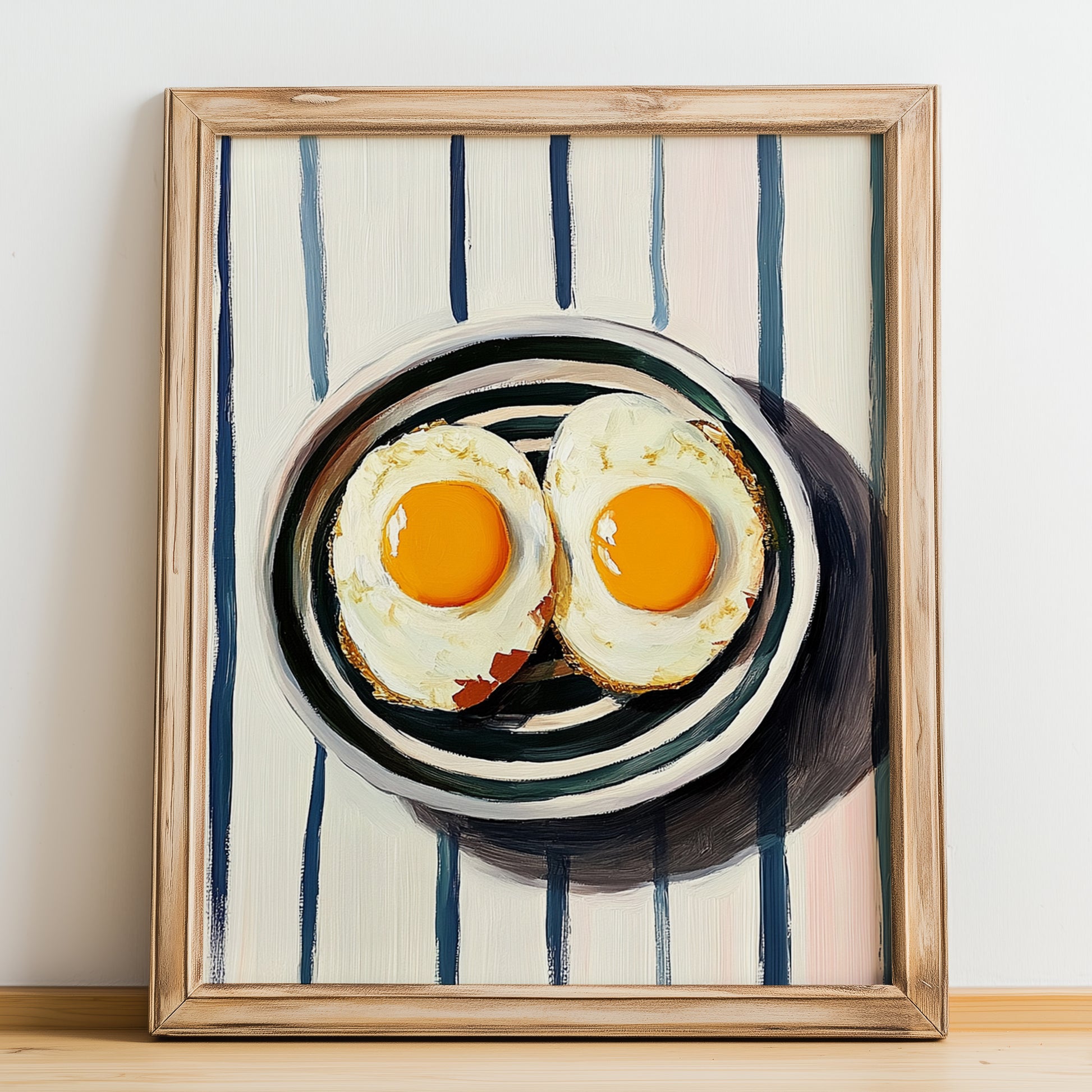 Fried Eggs – on Striped Tablecloth, American Food Painting, no-text version framed in wood