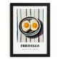 Fried Eggs – on Striped Tablecloth, American Food Painting, in sleek black frame
