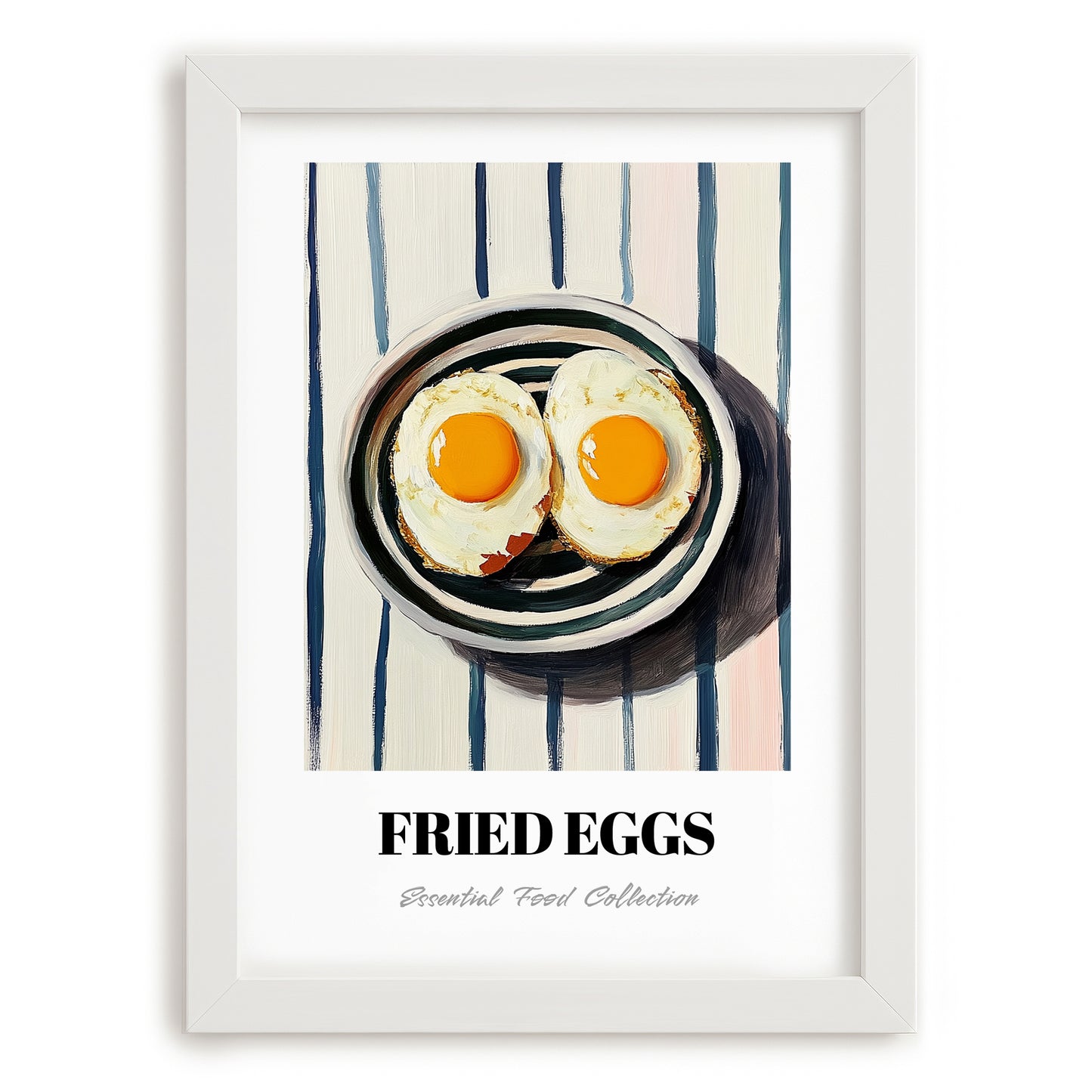 Fried Eggs – on Striped Tablecloth, American Food Painting, placed in minimal white frame