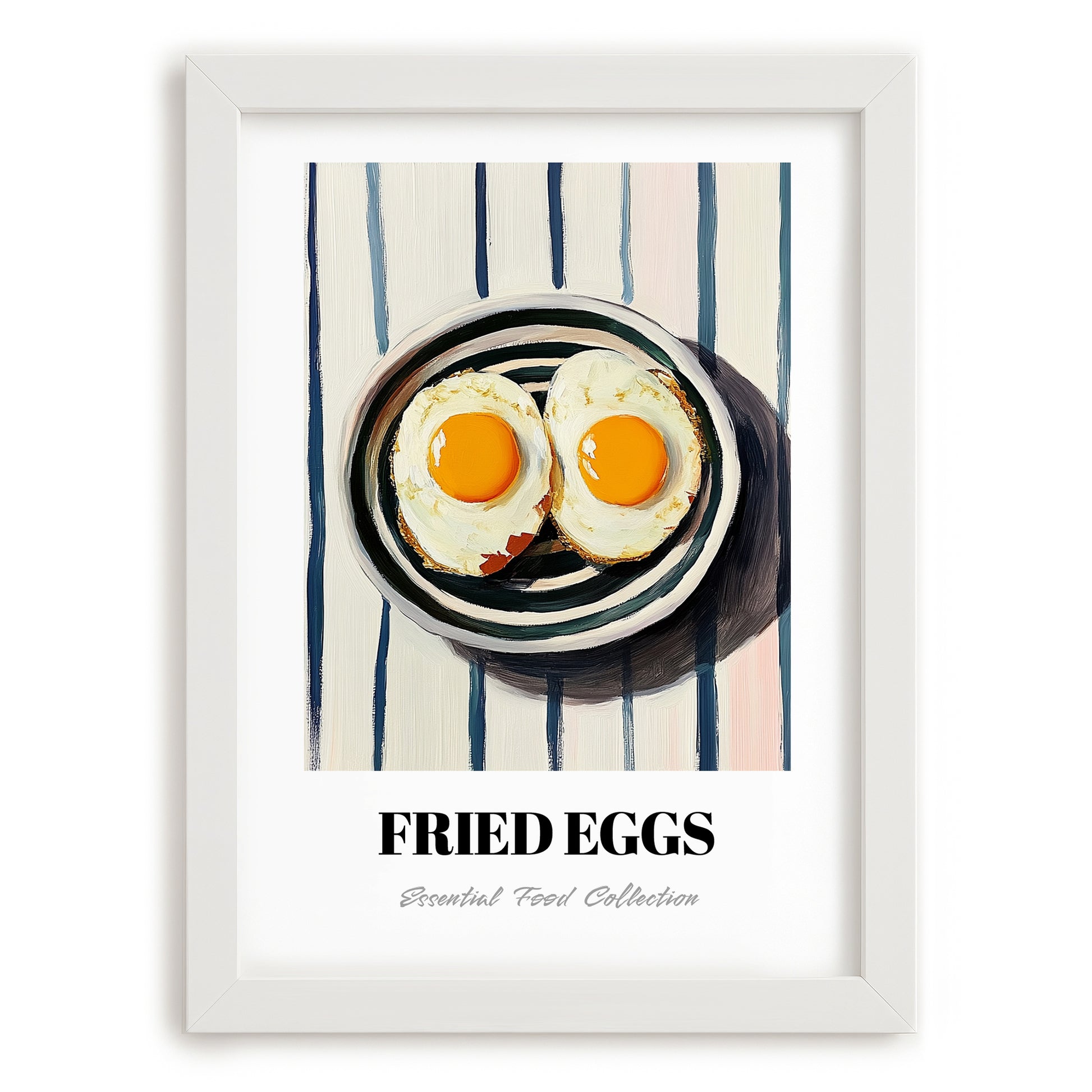 Fried Eggs – on Striped Tablecloth, American Food Painting, placed in minimal white frame