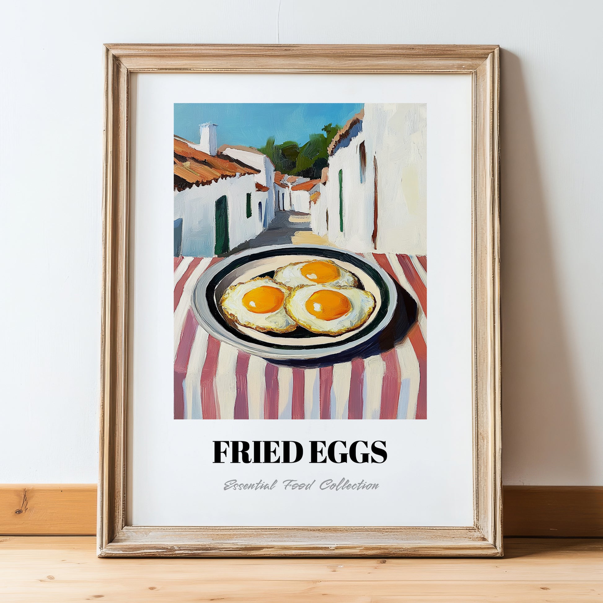 Fried Eggs – White village Urban Café Scene, American Food Poster, in wooden frame leaning on the floor