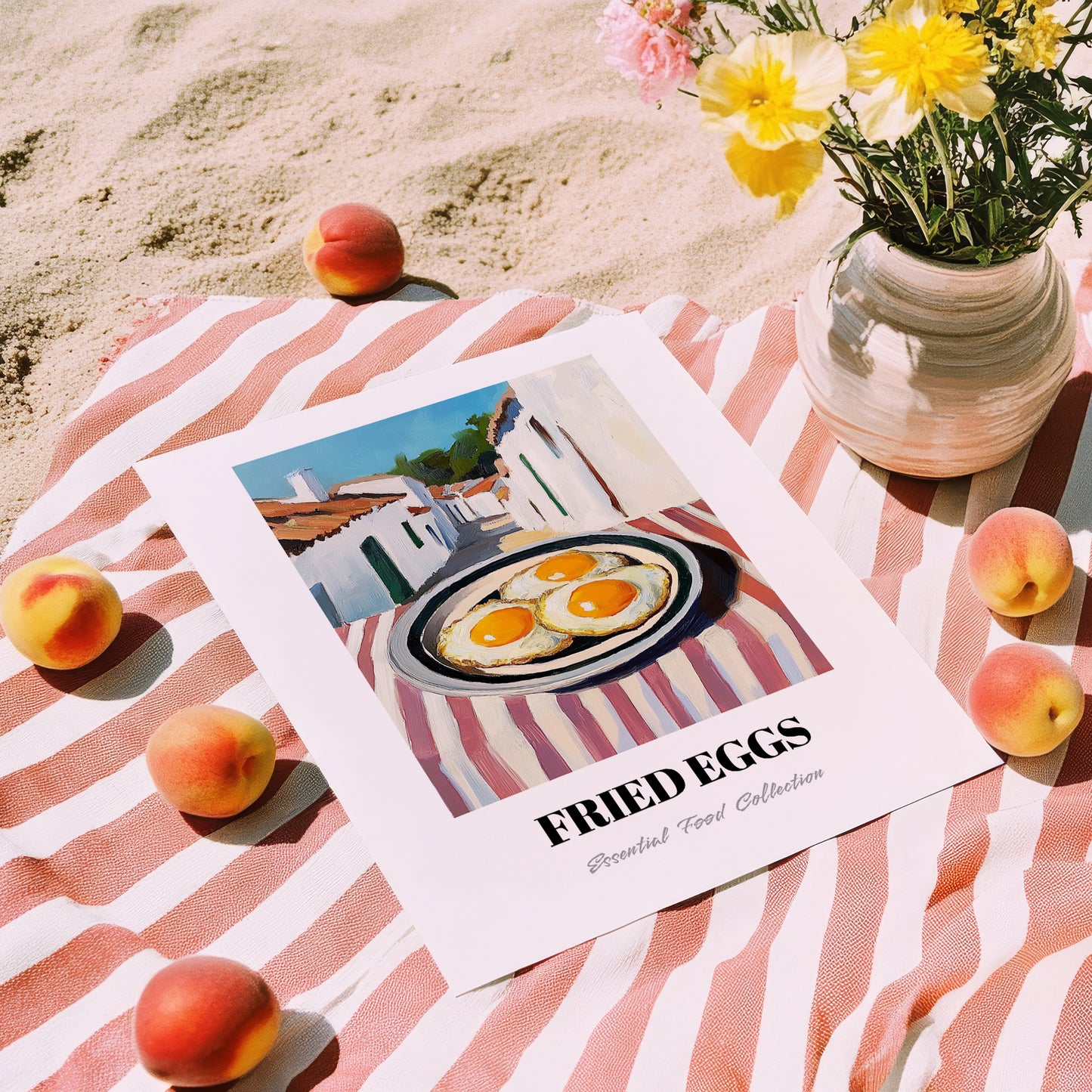 Fried Eggs – White village Urban Café Scene, American Food Poster, unframed on coastal sand
