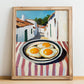 Fried Eggs – White village Urban Café Scene, American Food Poster, no-text version framed in wood
