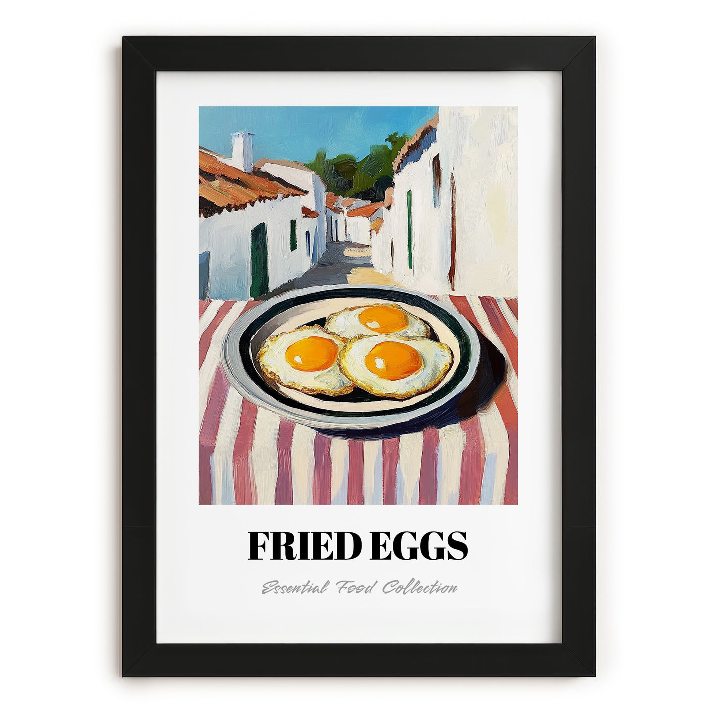 Fried Eggs – White village Urban Café Scene, American Food Poster, in sleek black frame