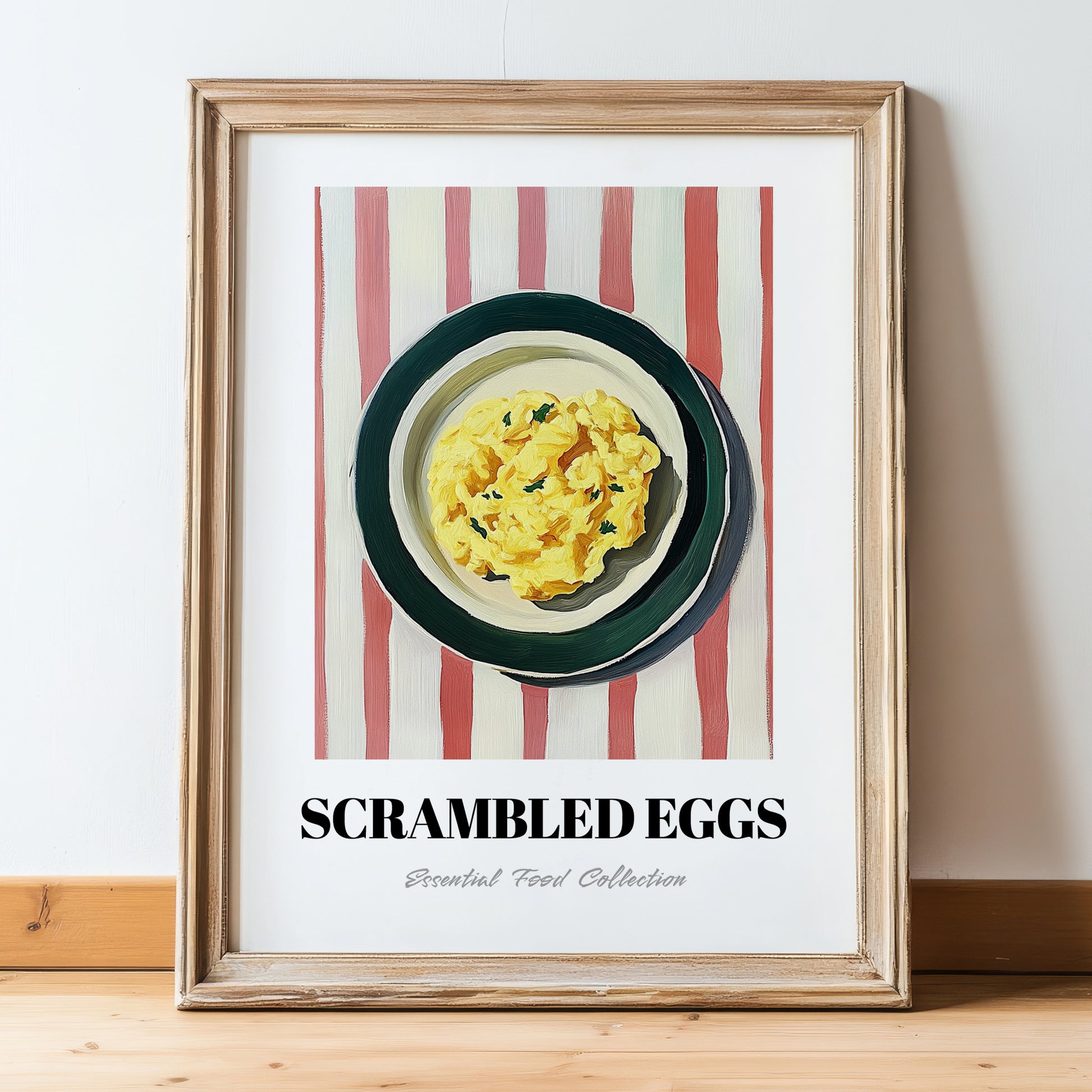 Scrambled Eggs – on Striped Tablecloth, American Food Poster, in wooden frame leaning on the floor