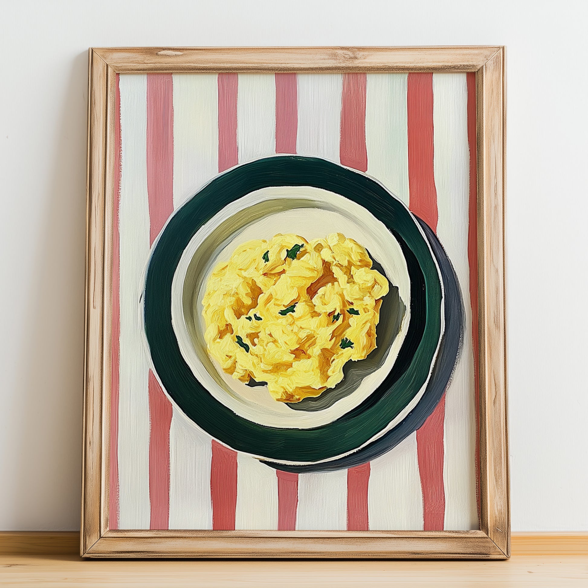 Scrambled Eggs – on Striped Tablecloth, American Food Poster, no-text version framed in wood