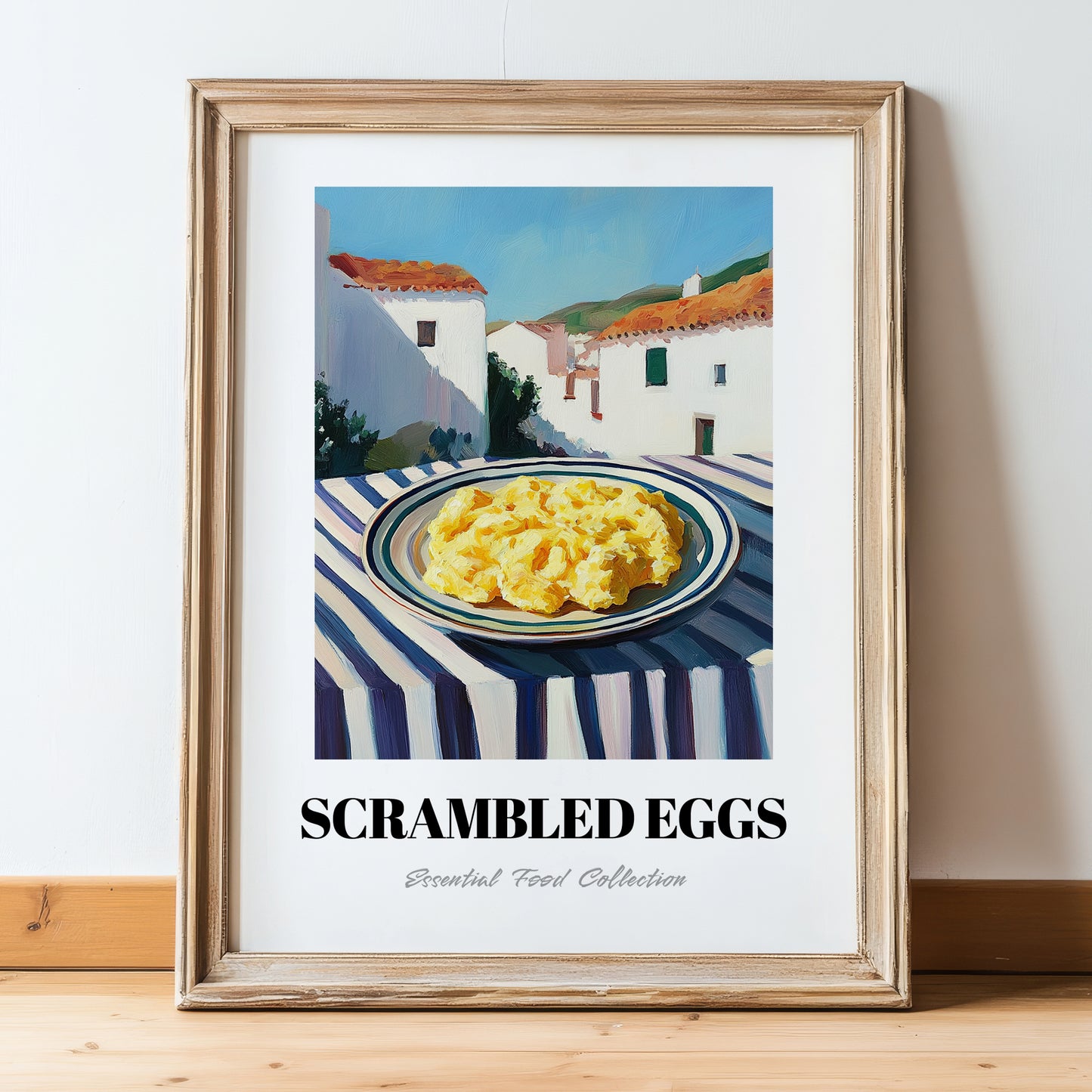 Scrambled Eggs – White village Café on the Corner, American Food Wall Illustration, in wooden frame leaning on the floor