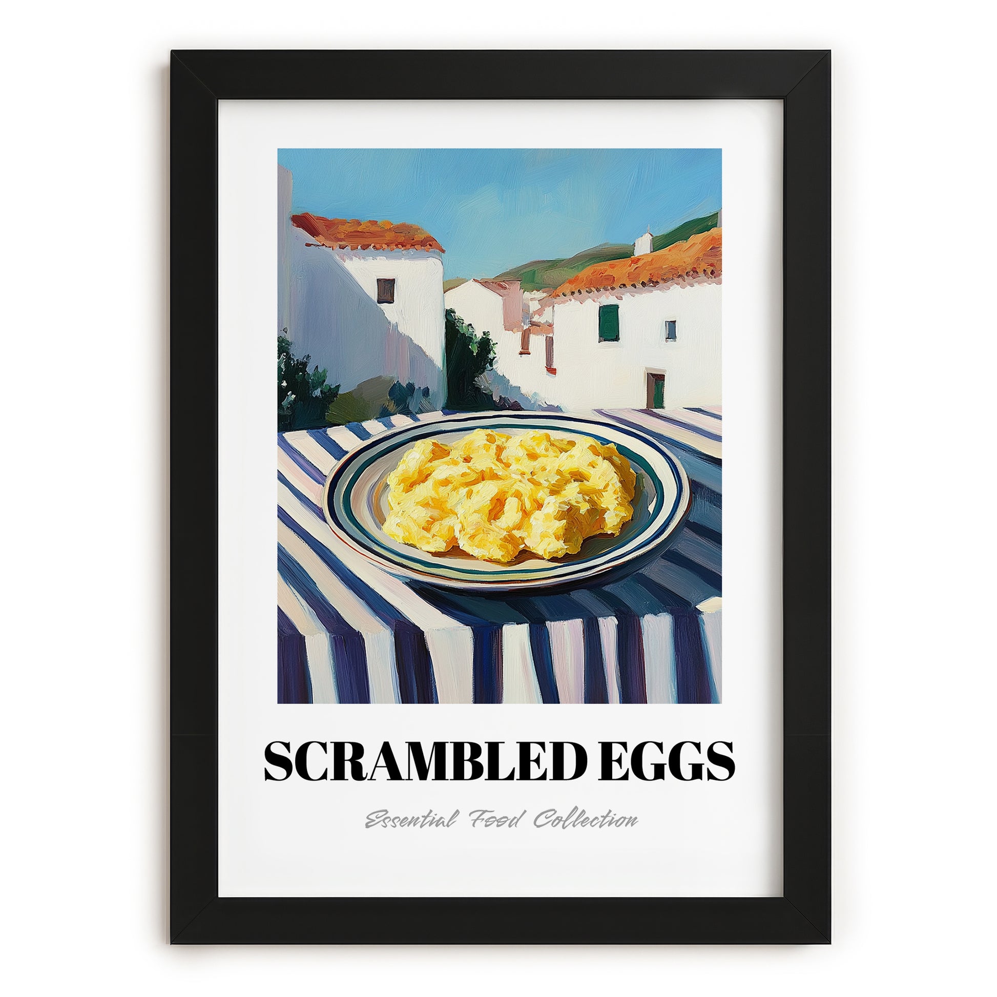 Scrambled Eggs – White village Café on the Corner, American Food Wall Illustration, in sleek black frame