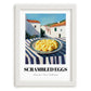 Scrambled Eggs – White village Café on the Corner, American Food Wall Illustration, placed in minimal white frame