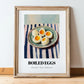 Boiled Eggs – on Striped Tablecloth, American Food Wall Decor, in wooden frame leaning on the floor
