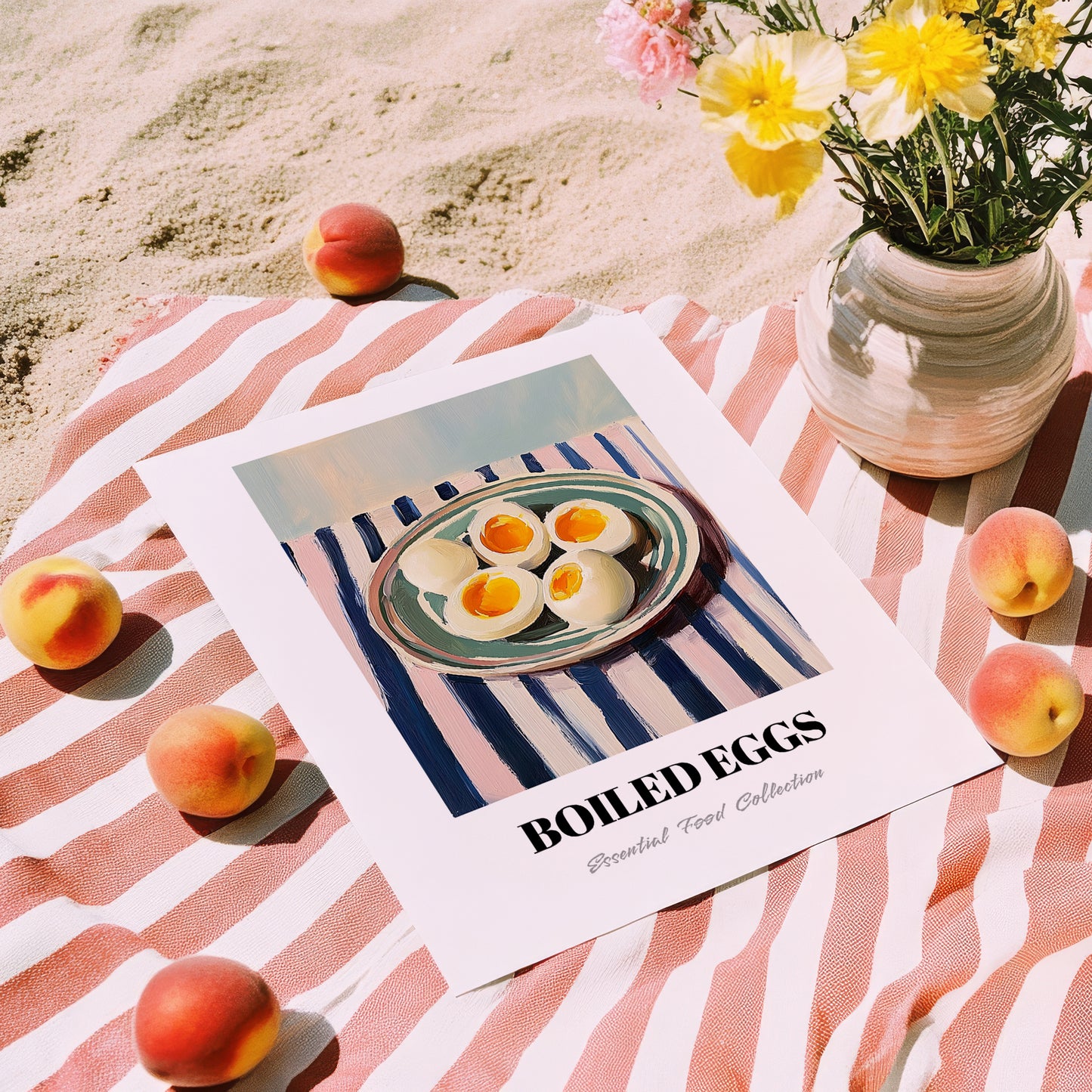 Boiled Eggs – on Striped Tablecloth, American Food Wall Decor, unframed on coastal sand