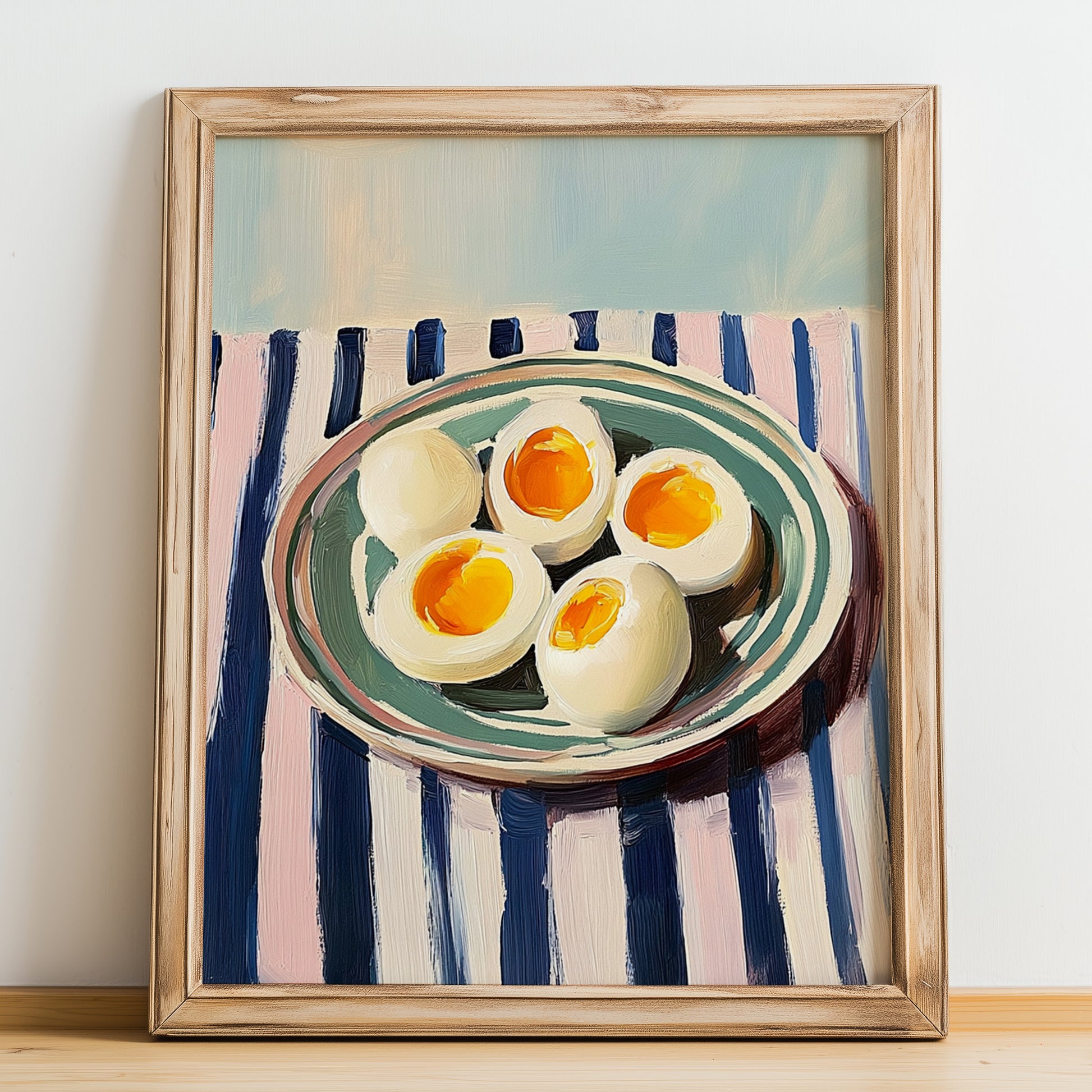 Boiled Eggs – on Striped Tablecloth, American Food Wall Decor, no-text version framed in wood