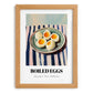 Boiled Eggs – on Striped Tablecloth, American Food Wall Decor, set in oak frame