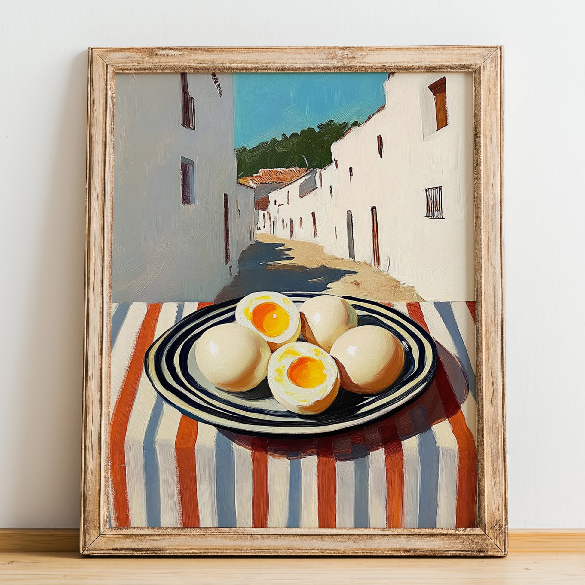 Boiled Eggs – White village Café on the Corner, American Food Wall Print, no-text version framed in wood