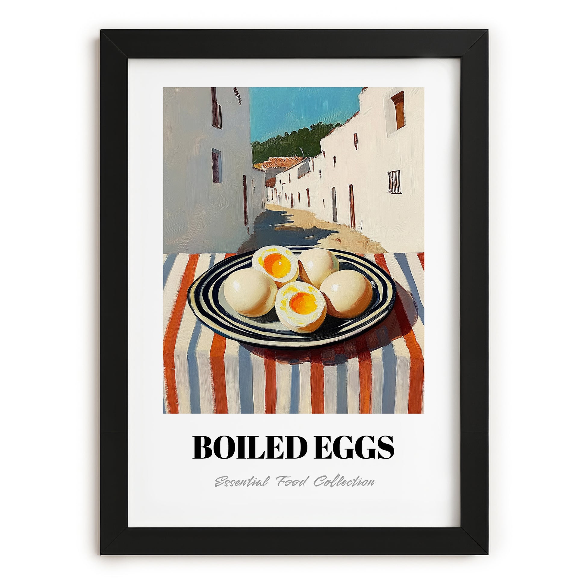 Boiled Eggs – White village Café on the Corner, American Food Wall Print, in sleek black frame
