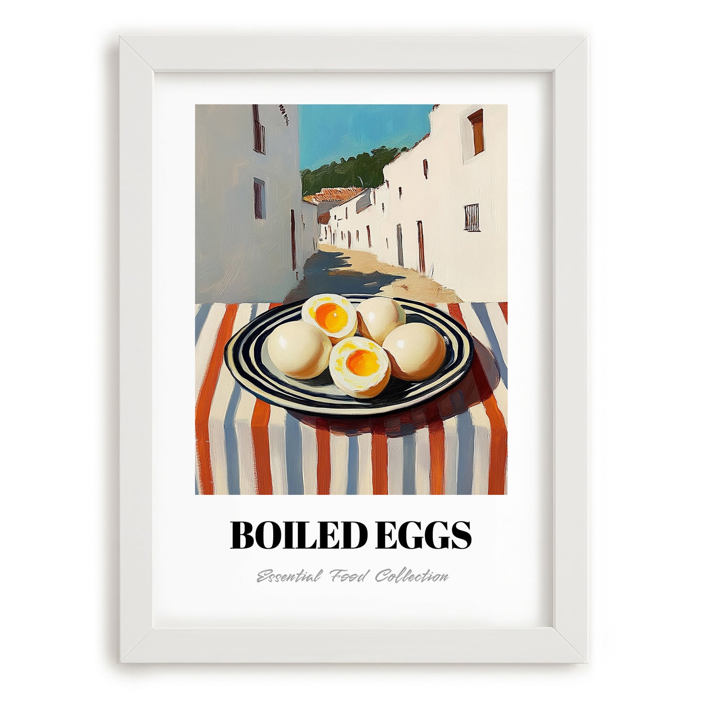 Boiled Eggs – White village Café on the Corner, American Food Wall Print, placed in minimal white frame