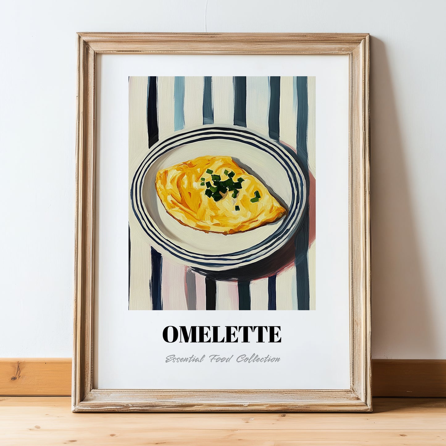 Omelette – on Striped Tablecloth, French Food Poster, in wooden frame leaning on the floor
