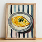 Omelette – on Striped Tablecloth, French Food Poster, no-text version framed in wood