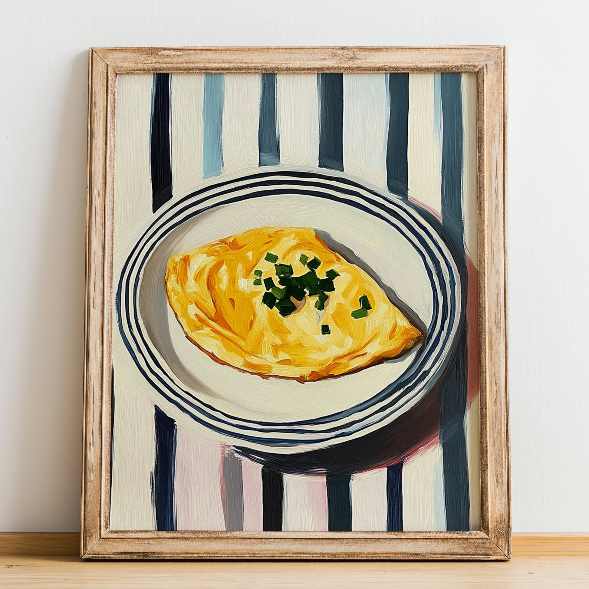 Omelette – on Striped Tablecloth, French Food Poster, no-text version framed in wood