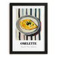 Omelette – on Striped Tablecloth, French Food Poster, in sleek black frame