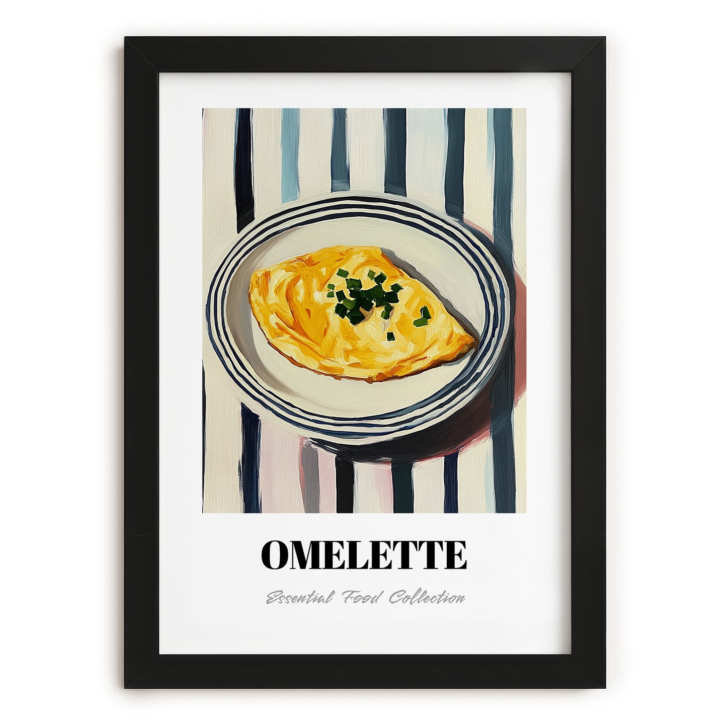 Omelette – on Striped Tablecloth, French Food Poster, in sleek black frame