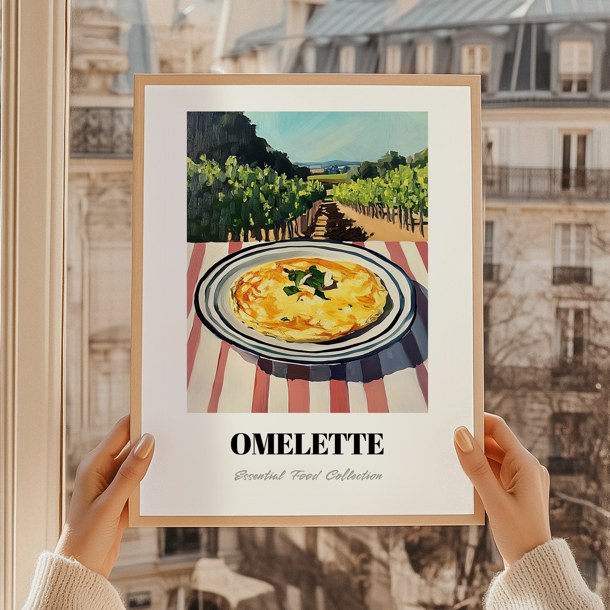 Omelette – Hilltop Café Scene, French Food Painting, styled in a charming Paris street view