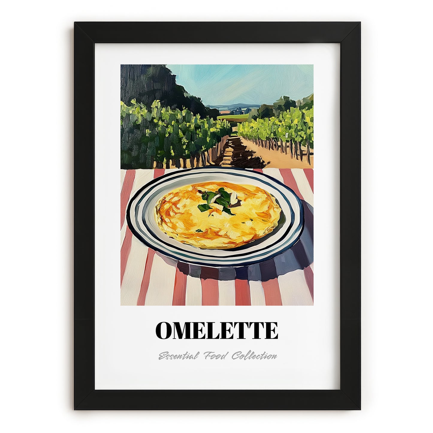 Omelette – Hilltop Café Scene, French Food Painting, in sleek black frame