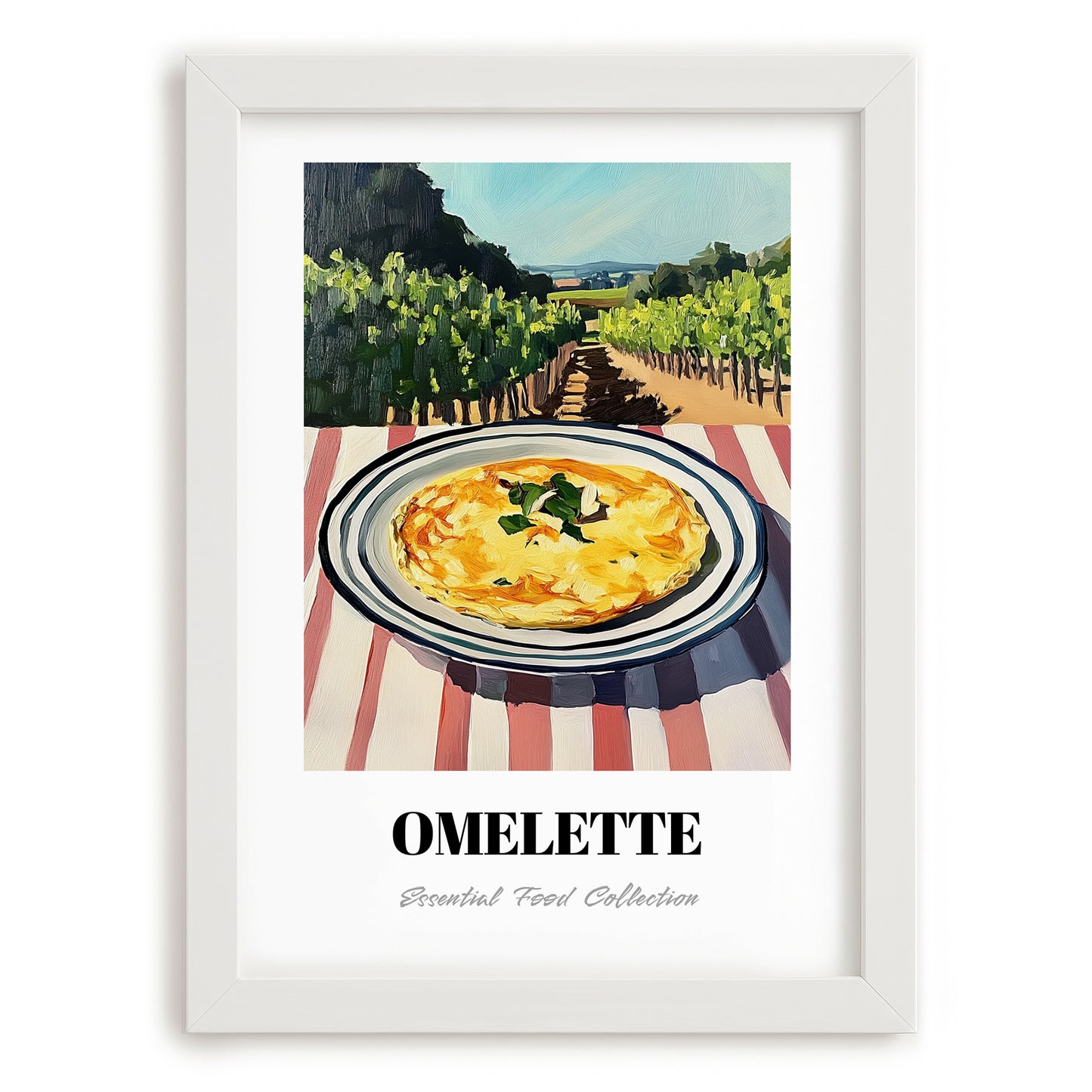Omelette – Hilltop Café Scene, French Food Painting, placed in minimal white frame
