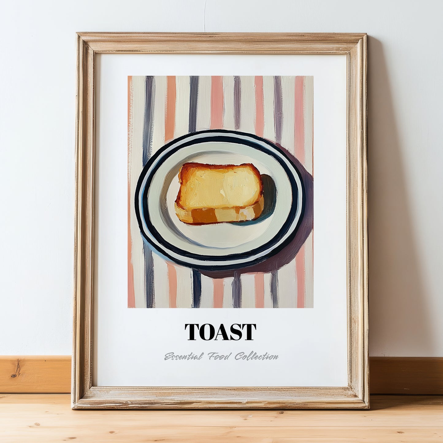 Toast – on Striped Tablecloth, British Food Poster, in wooden frame leaning on the floor