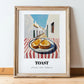 Toast – White village Urban Café Scene, British Food Illustration, in wooden frame leaning on the floor