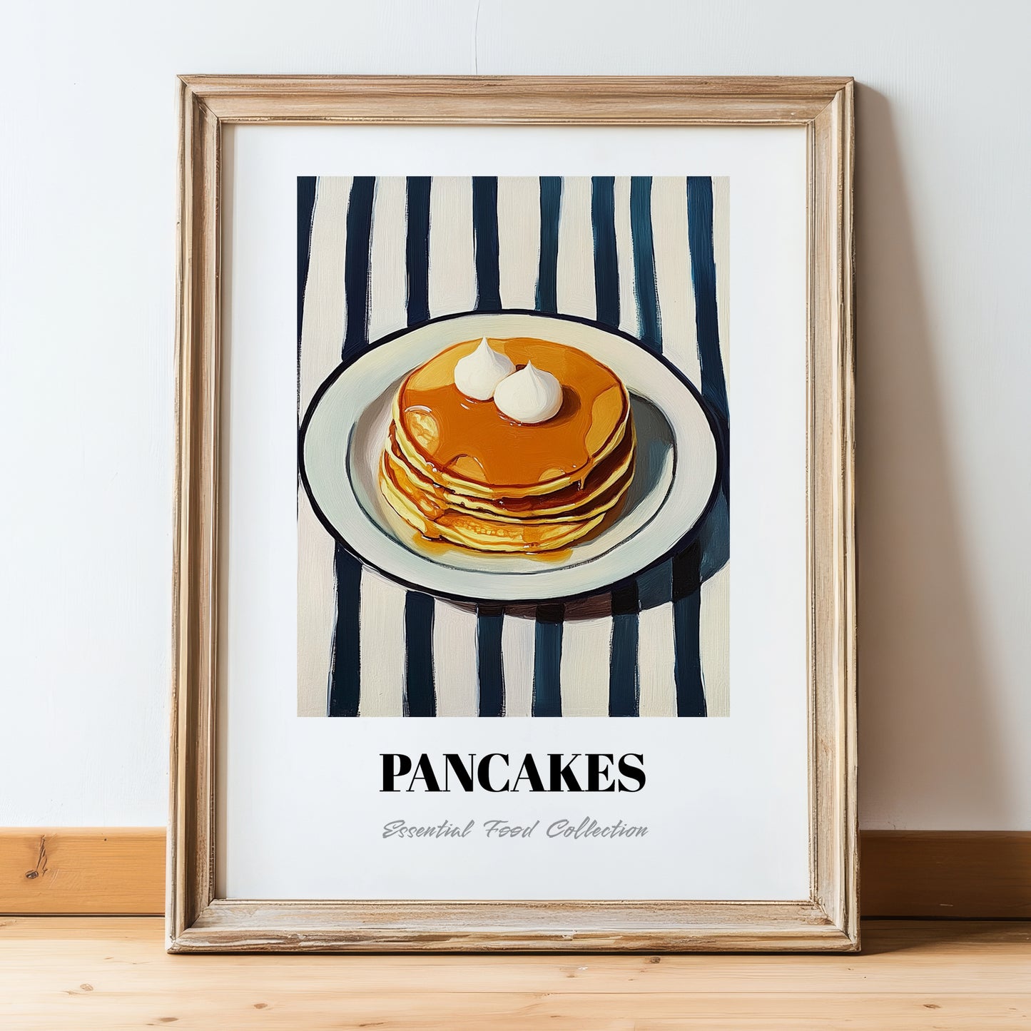 Pancakes – on Striped Tablecloth, American Pastry Wall Decor, in wooden frame leaning on the floor