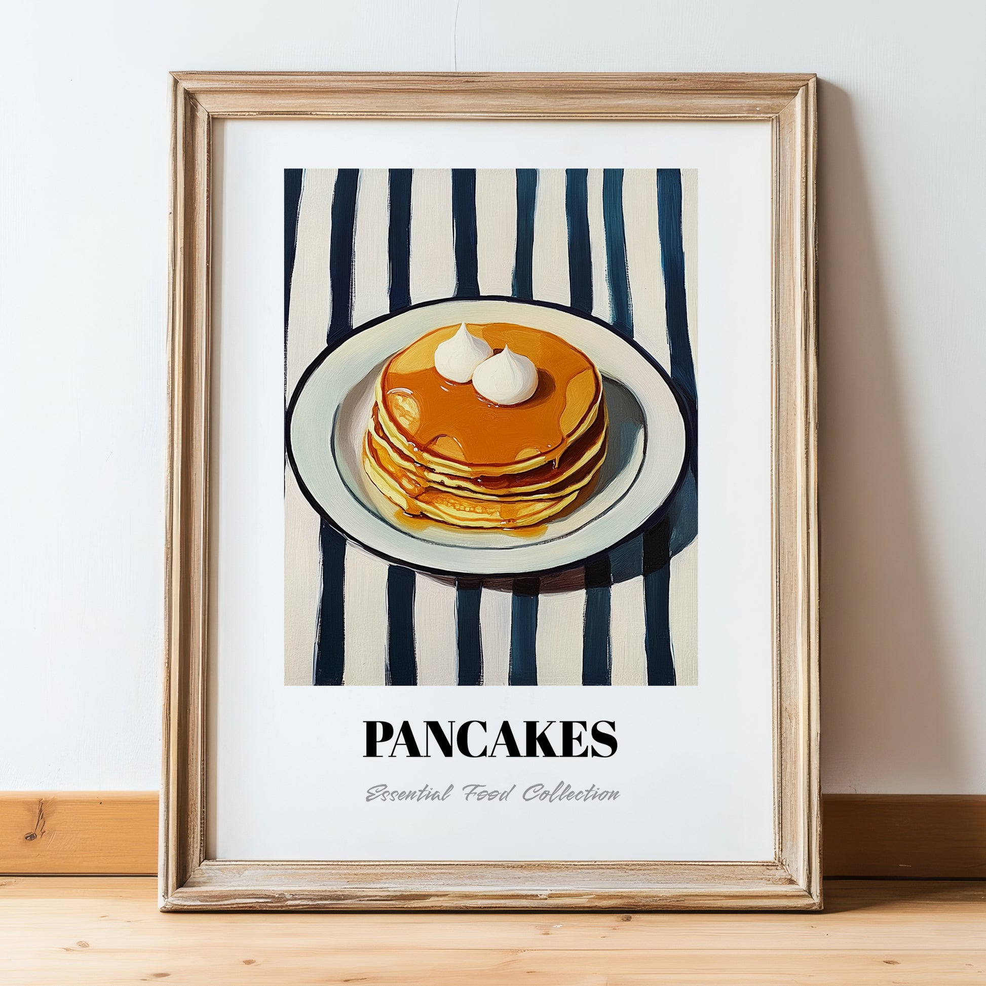 Pancakes – on Striped Tablecloth, American Pastry Wall Decor, in wooden frame leaning on the floor