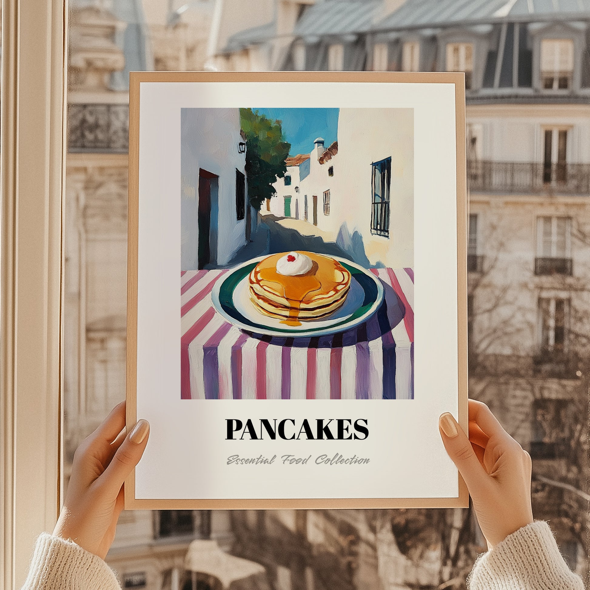 Pancakes – White village Urban Café Scene, American Pastry Illustration, styled in a charming Paris street view