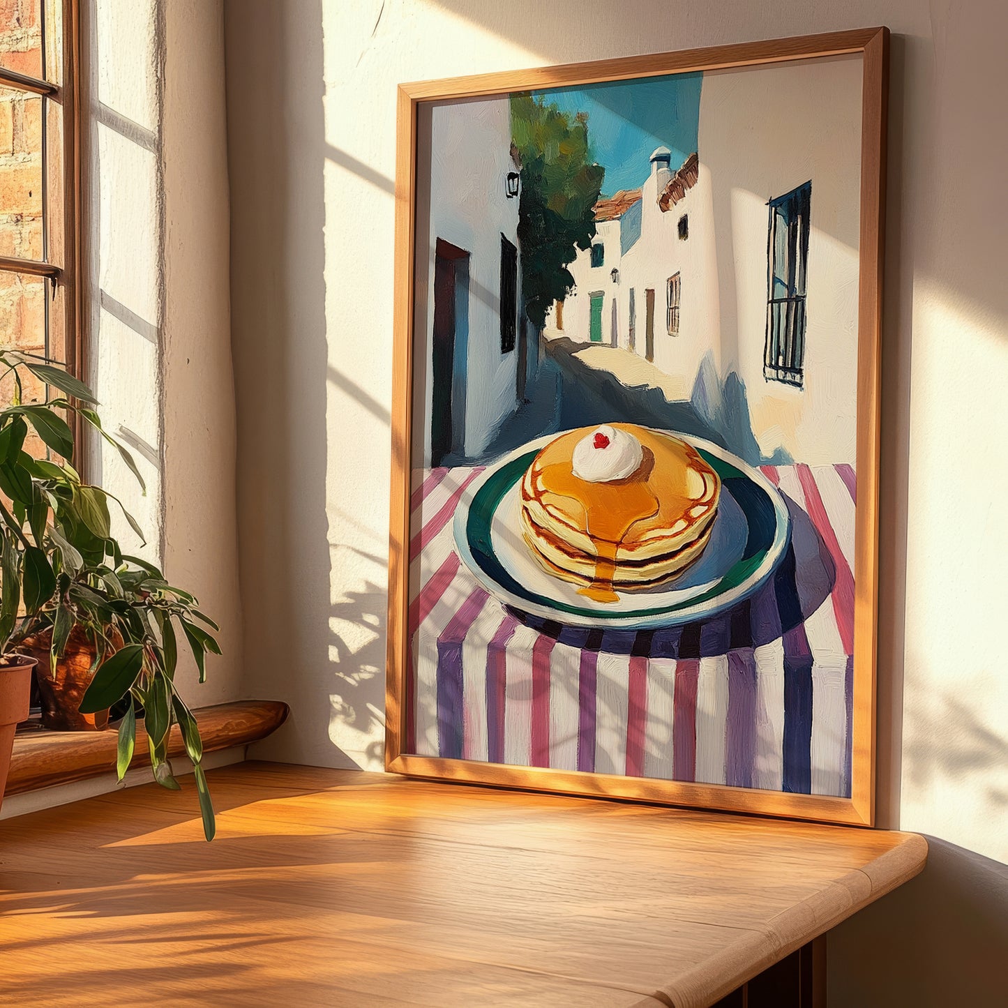 Pancakes – White village Urban Café Scene, American Pastry Illustration, clean layout with no caption