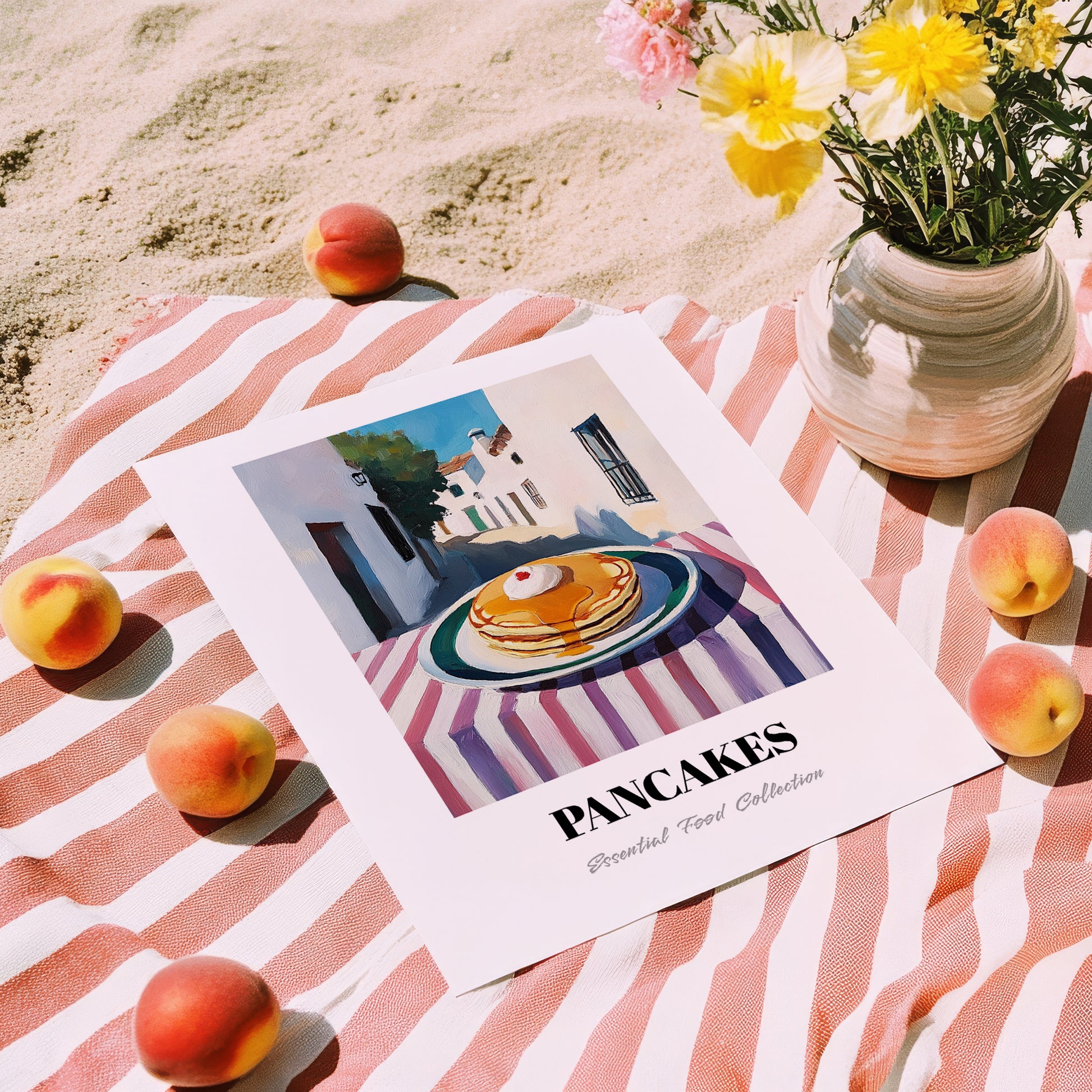 Pancakes – White village Urban Café Scene, American Pastry Illustration, unframed on coastal sand