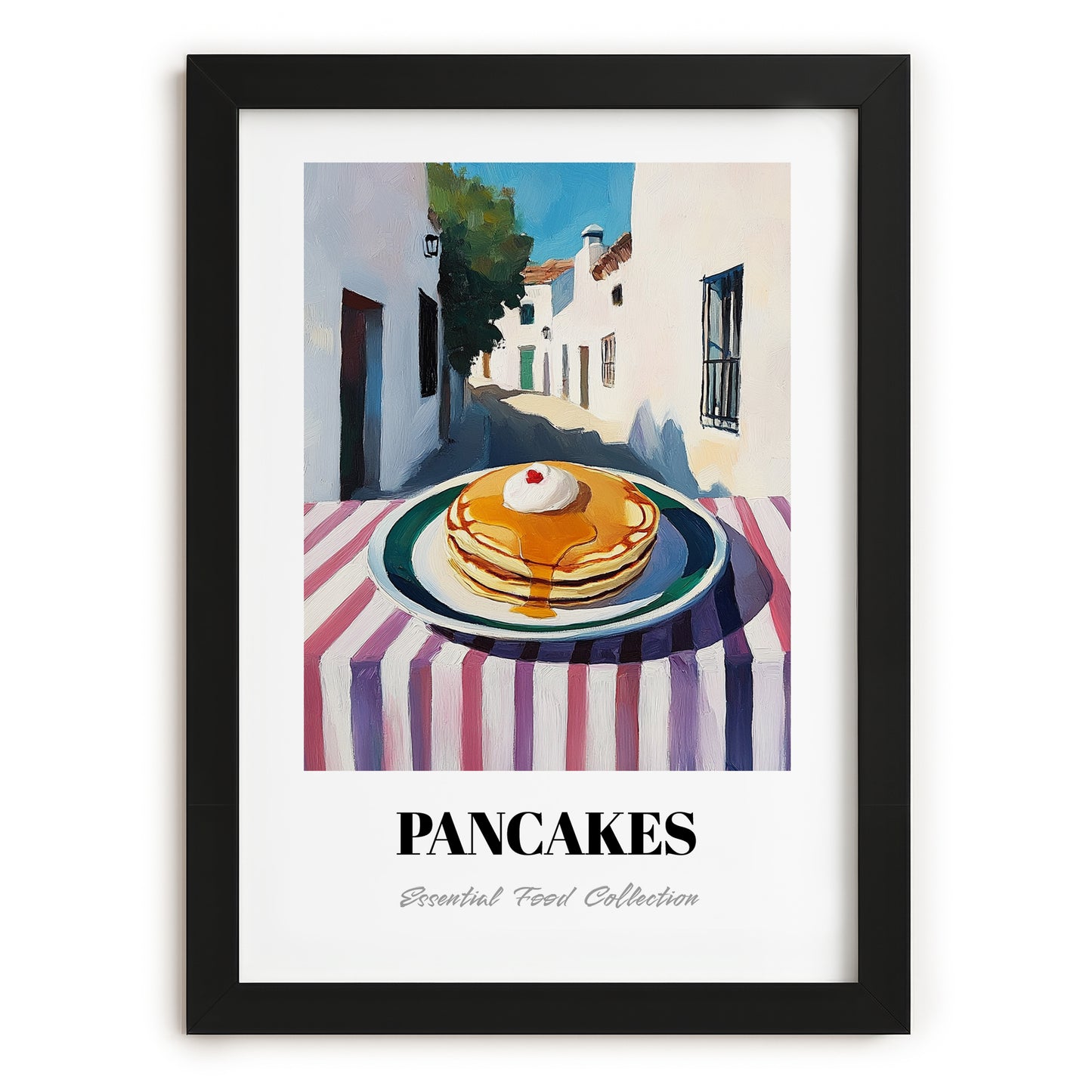 Pancakes – White village Urban Café Scene, American Pastry Illustration, in sleek black frame