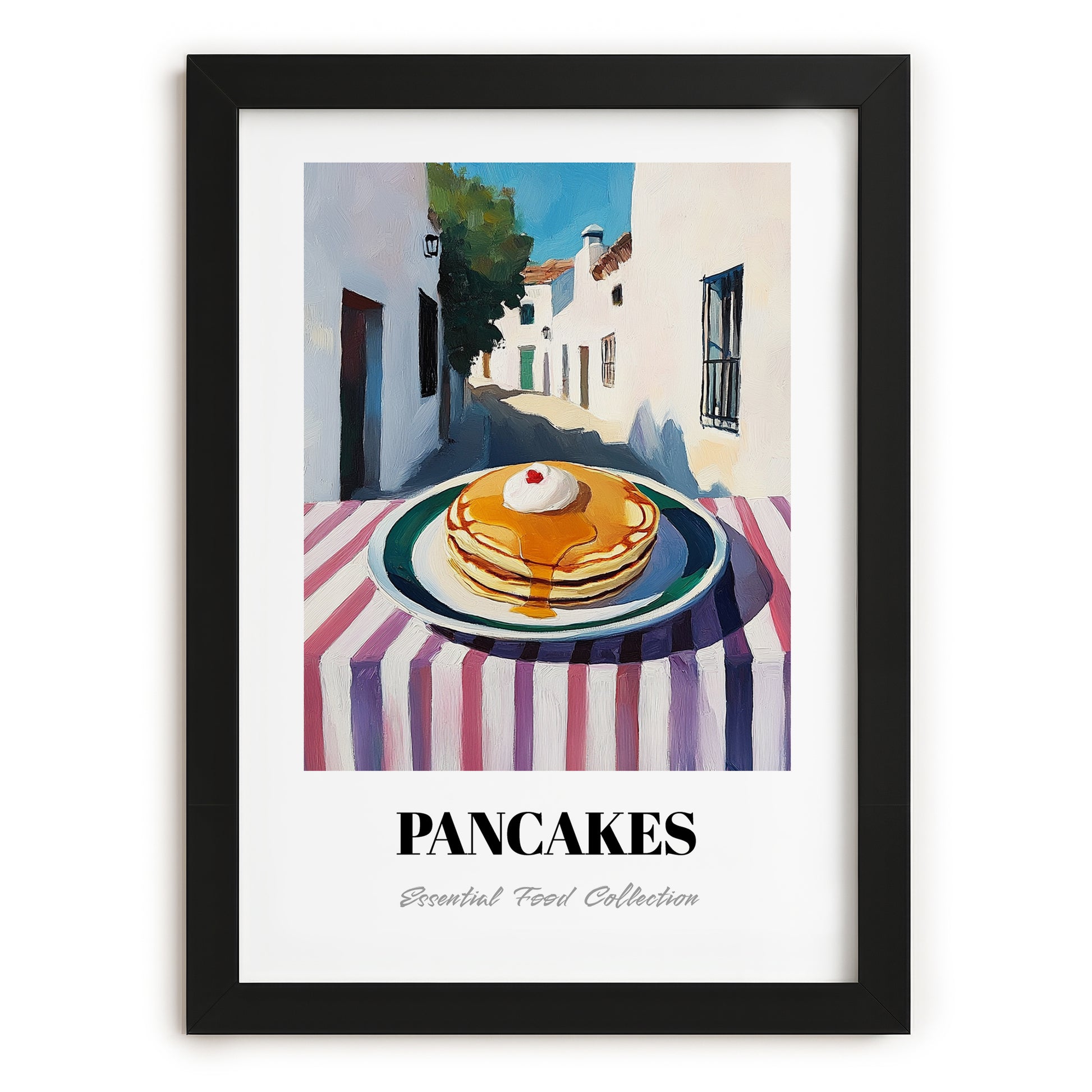 Pancakes – White village Urban Café Scene, American Pastry Illustration, in sleek black frame