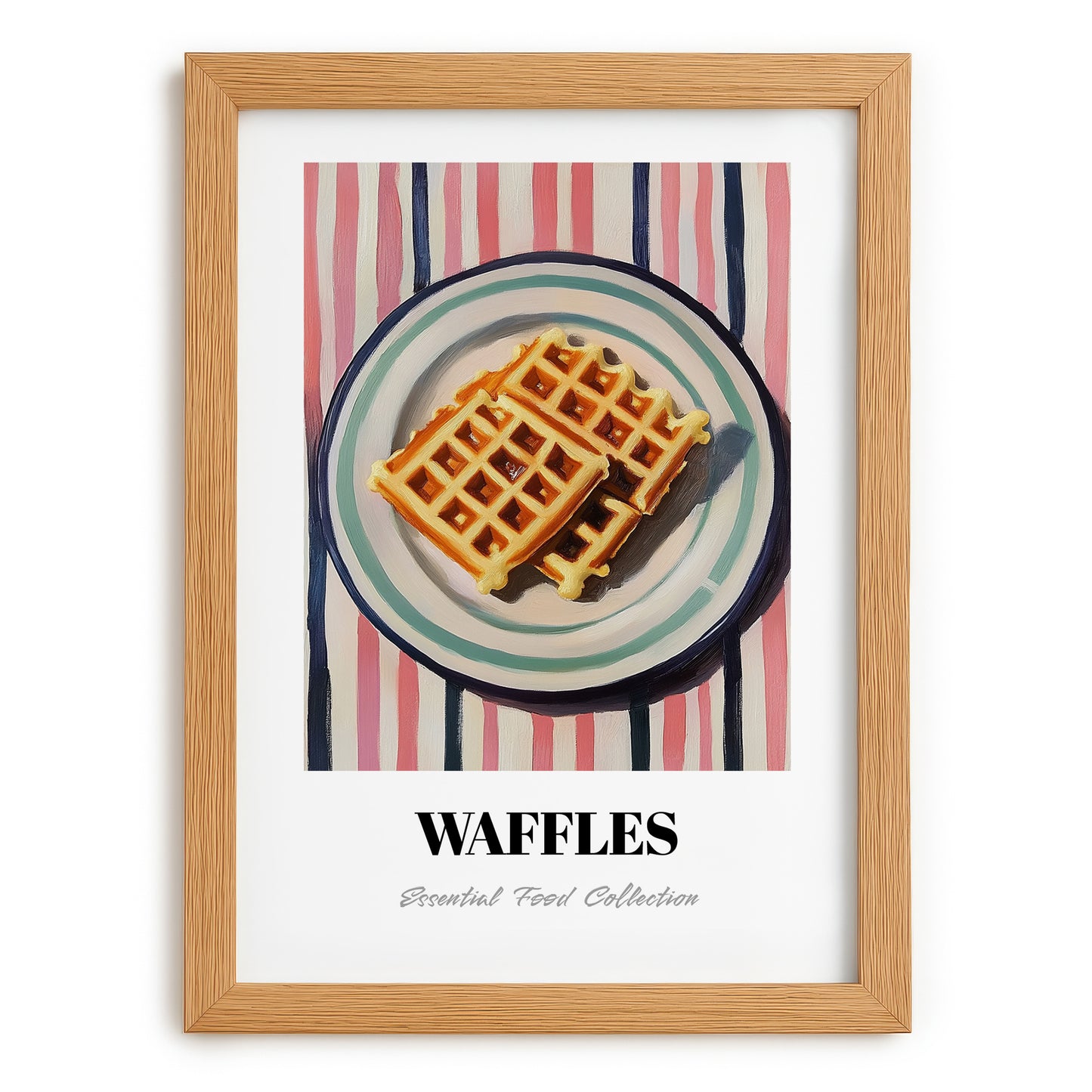 Waffles – on Striped Tablecloth, American Pastry Art, set in oak frame