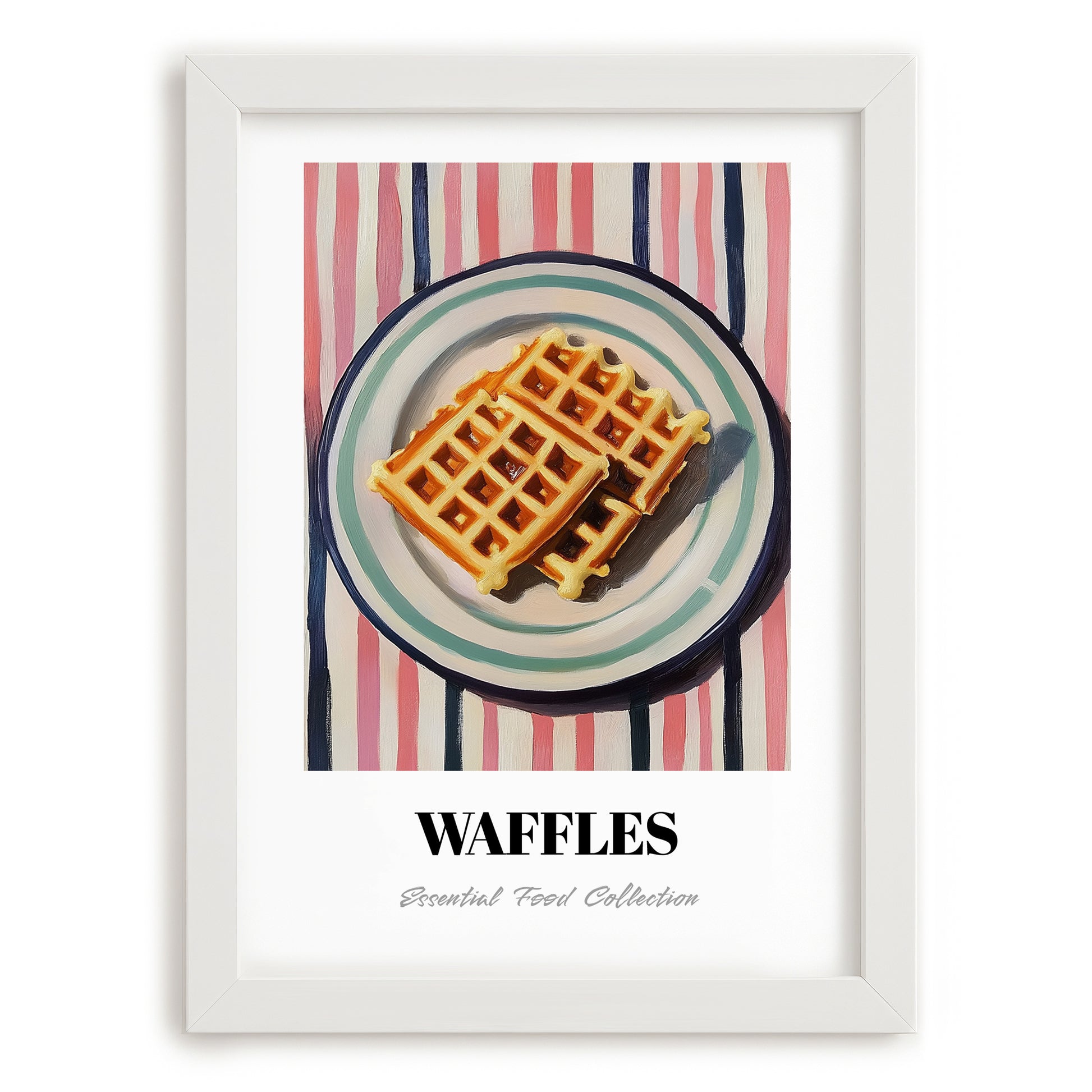 Waffles – on Striped Tablecloth, American Pastry Art, placed in minimal white frame