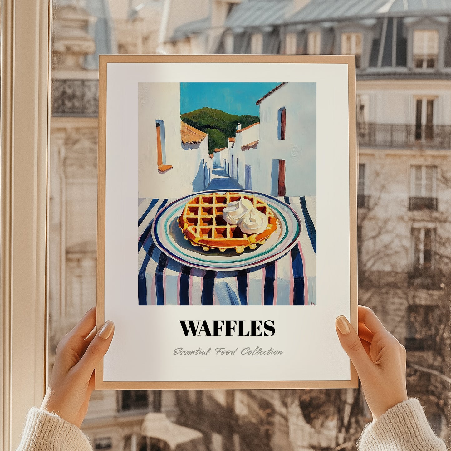 Waffles – White village Urban Café Scene, American Pastry Still Life, styled in a charming Paris street view