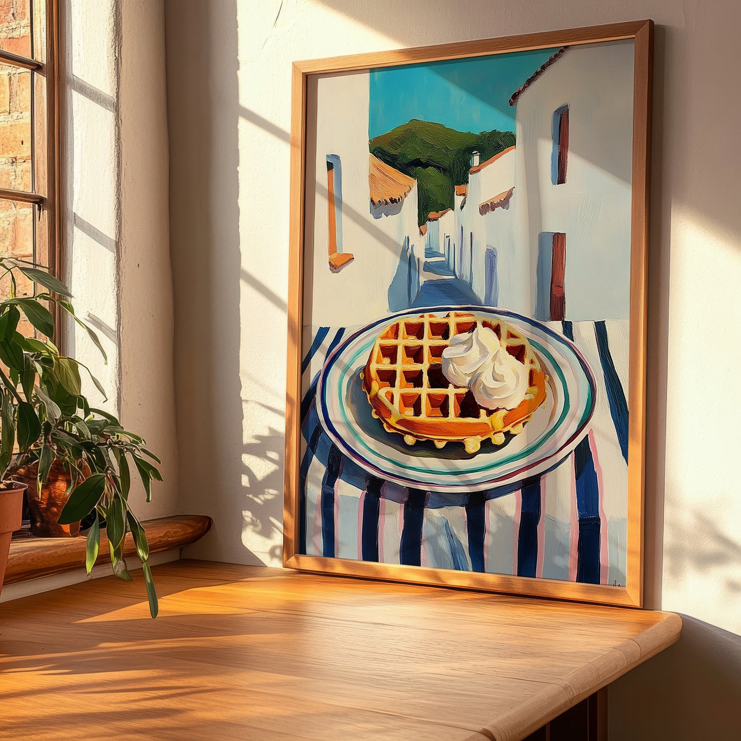Waffles – White village Urban Café Scene, American Pastry Still Life, clean layout with no caption