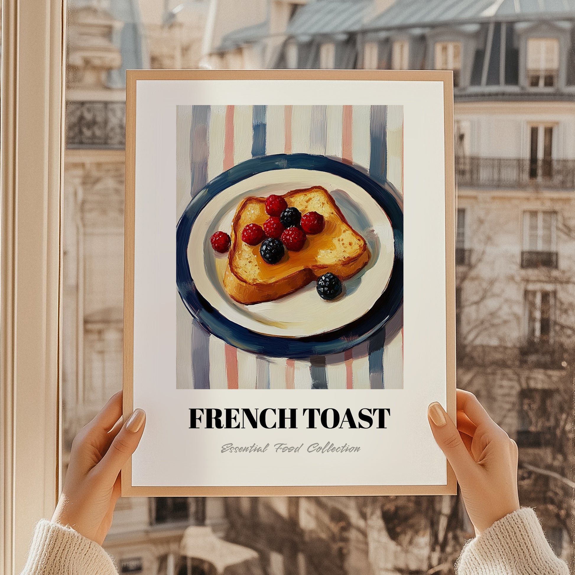 French Toast – on Striped Tablecloth, French Food Painting, styled in a charming Paris street view