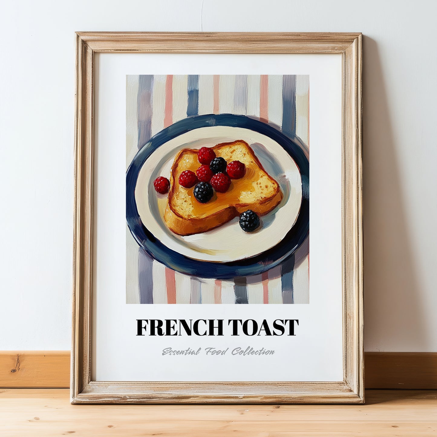French Toast – on Striped Tablecloth, French Food Painting, in wooden frame leaning on the floor