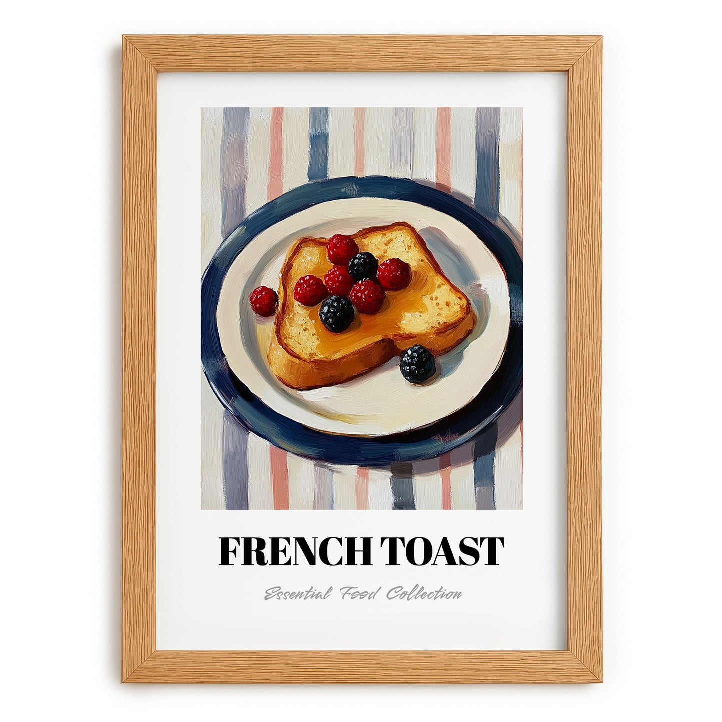 French Toast – on Striped Tablecloth, French Food Painting, set in oak frame