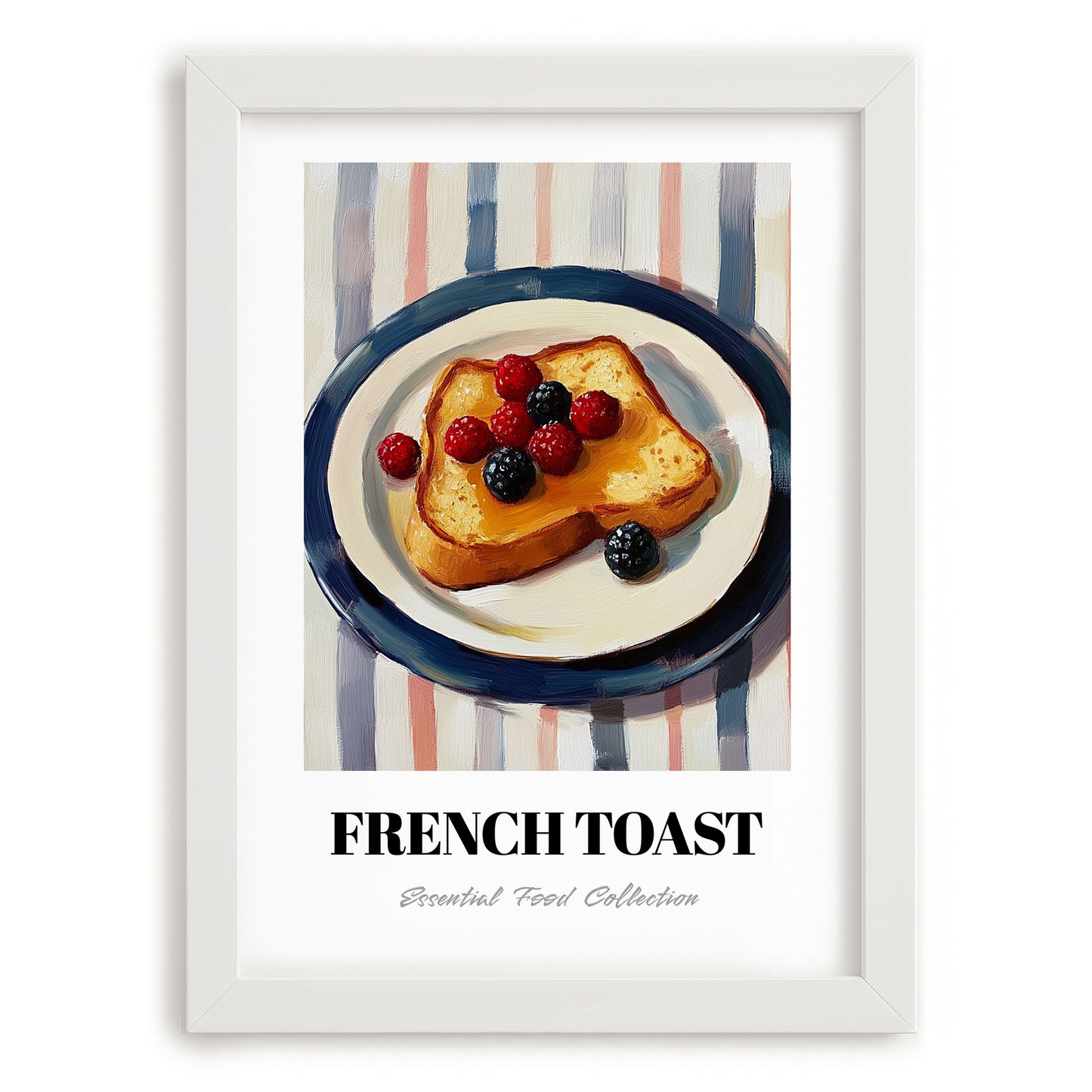 French Toast – on Striped Tablecloth, French Food Painting, placed in minimal white frame